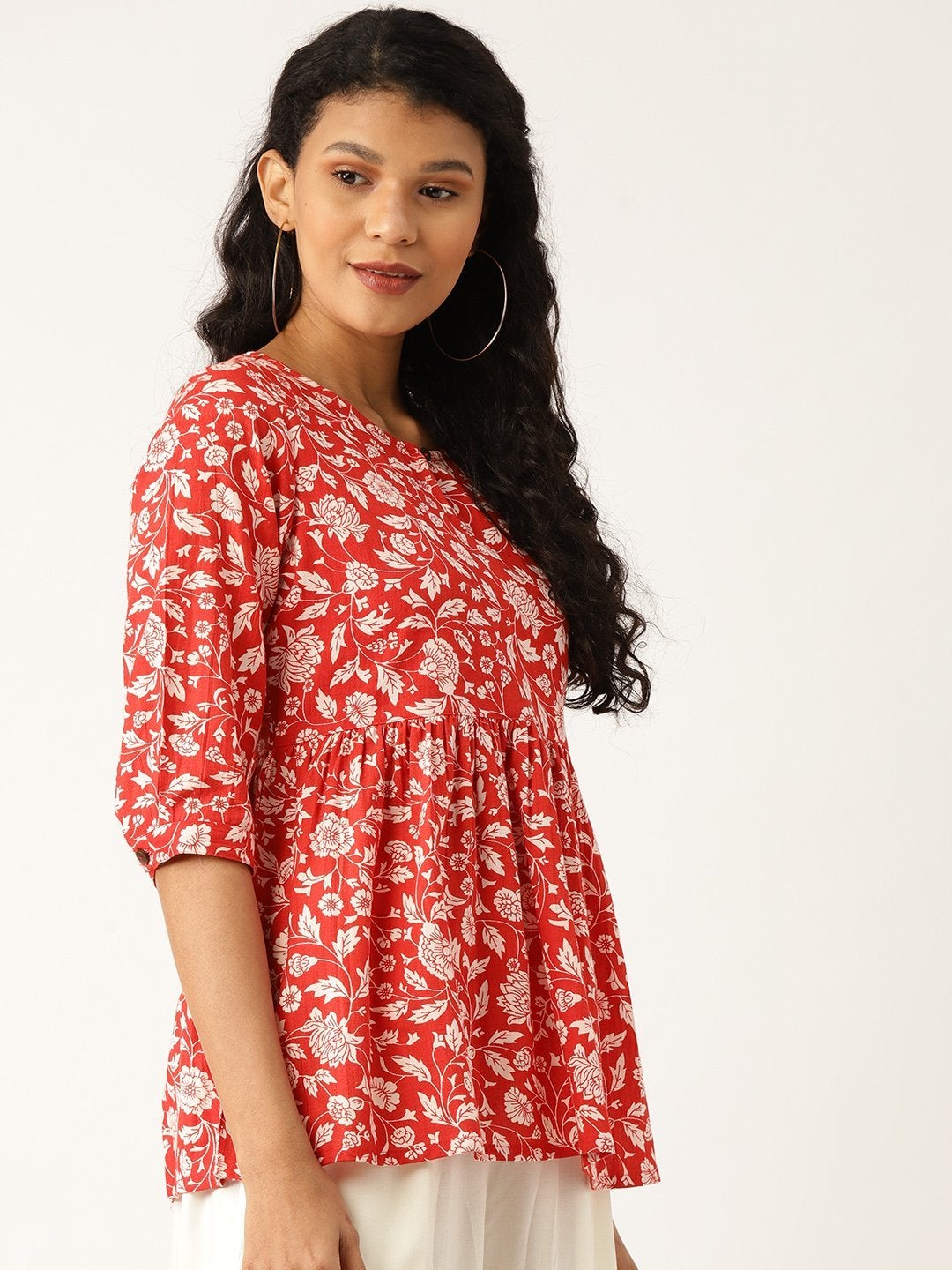 Women's Red Floral Front Keyhole Peplum Top - SASSAFRAS