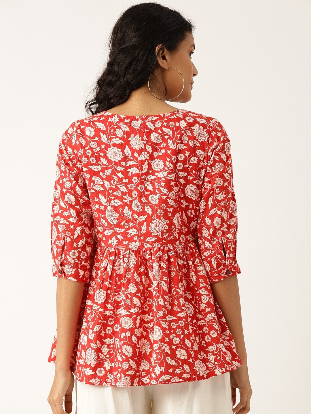 Women's Red Floral Front Keyhole Peplum Top - SASSAFRAS