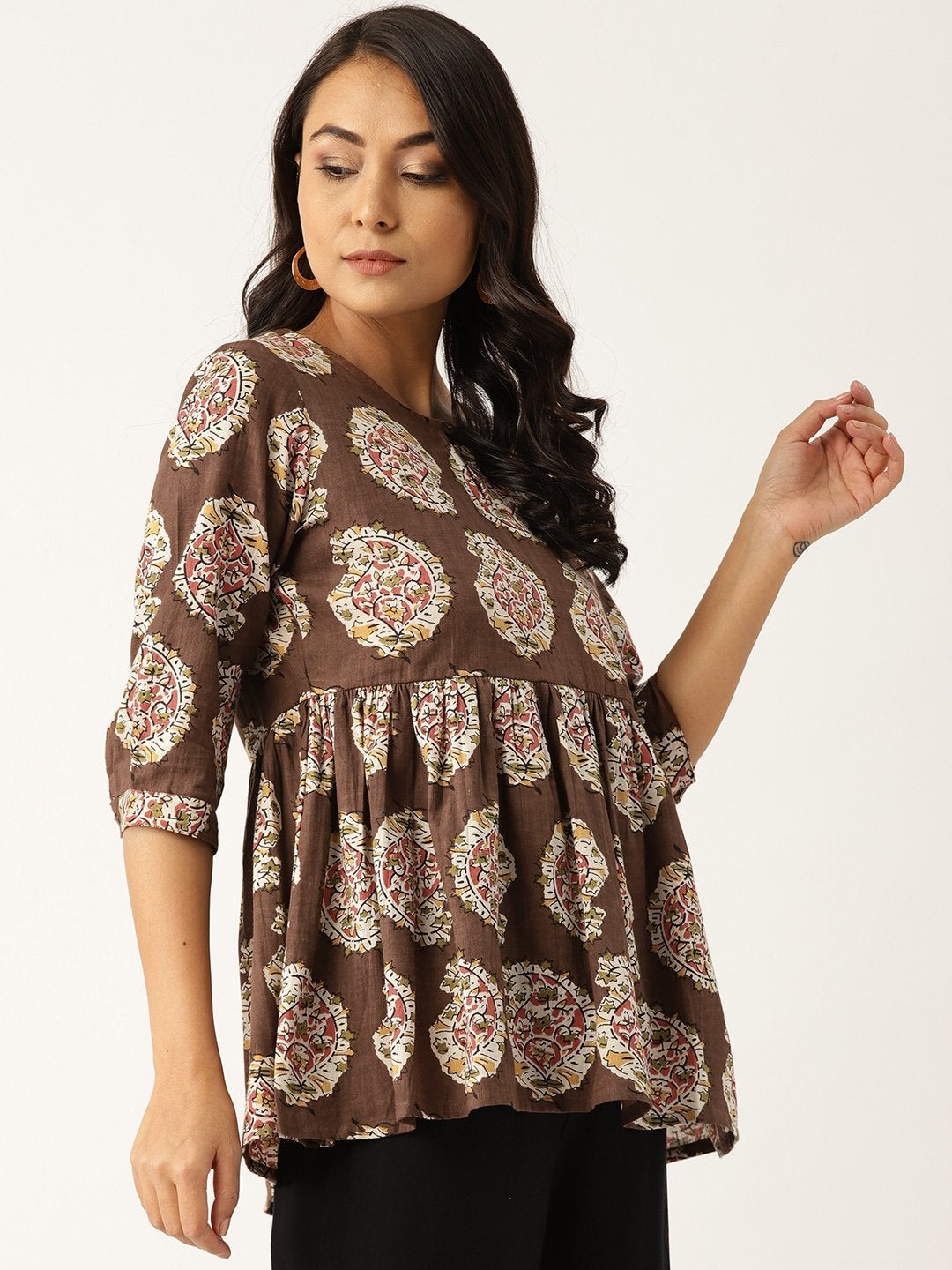 Women's Brown Paisely Front Keyhole Peplum Top - SASSAFRAS