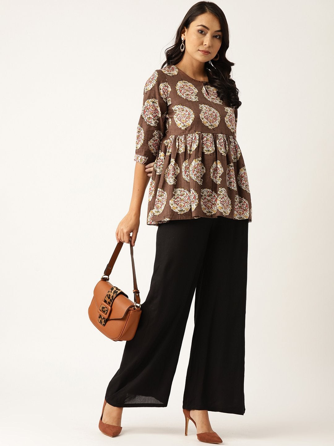 Women's Brown Paisely Front Keyhole Peplum Top - SASSAFRAS