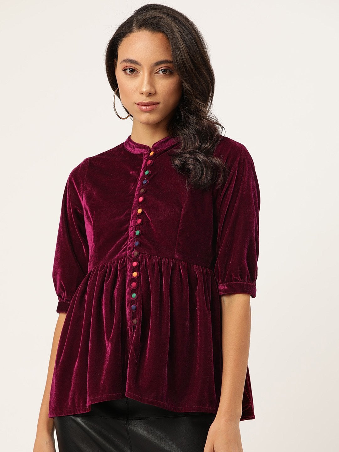 Women's Burgundy Velvet Front Button Gathered Top - SASSAFRAS