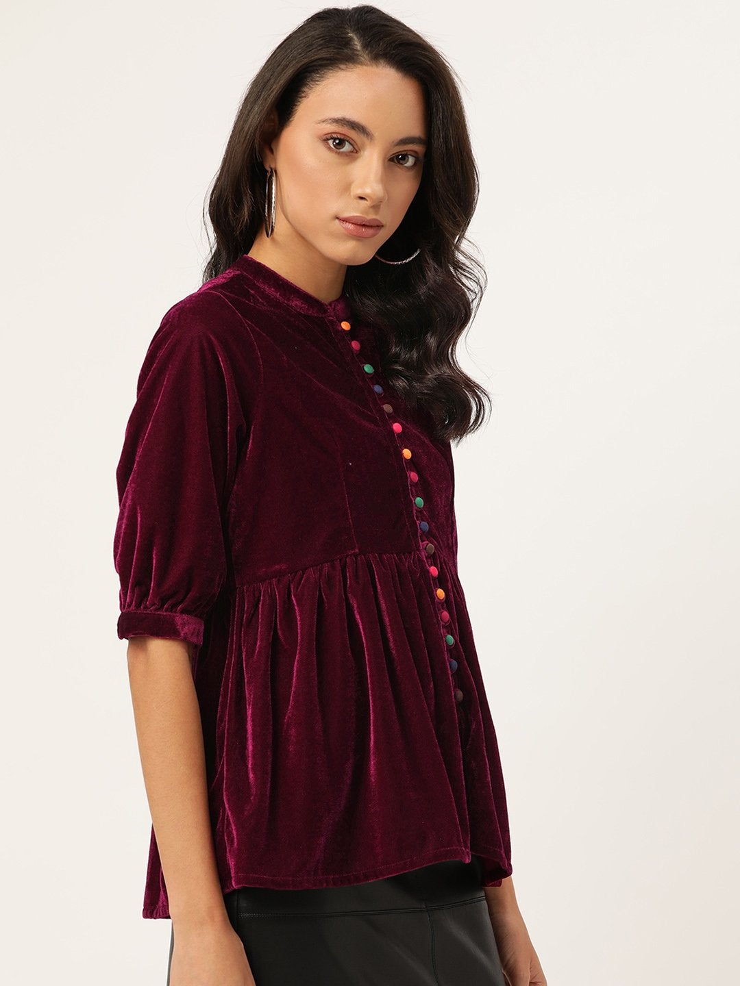 Women's Burgundy Velvet Front Button Gathered Top - SASSAFRAS