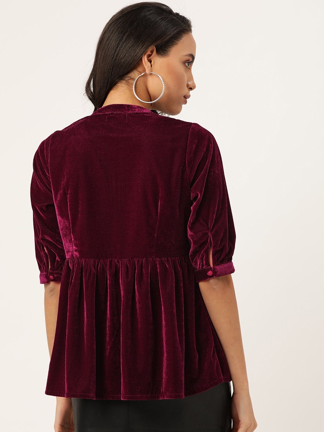 Women's Burgundy Velvet Front Button Gathered Top - SASSAFRAS