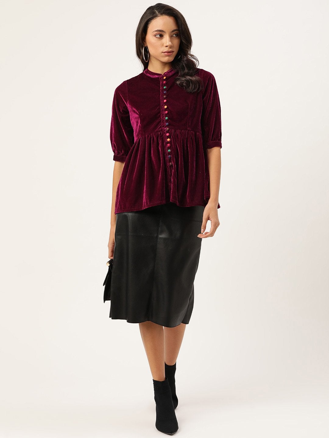 Women's Burgundy Velvet Front Button Gathered Top - SASSAFRAS