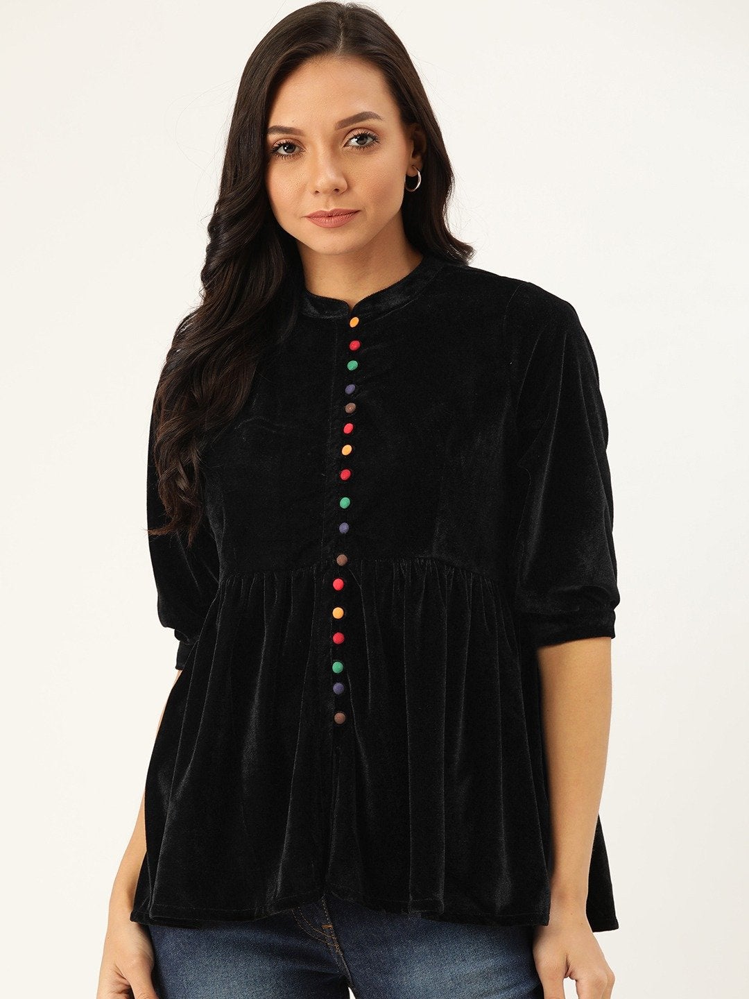 Women's Black Velvet Front Button Gathered Top - SASSAFRAS