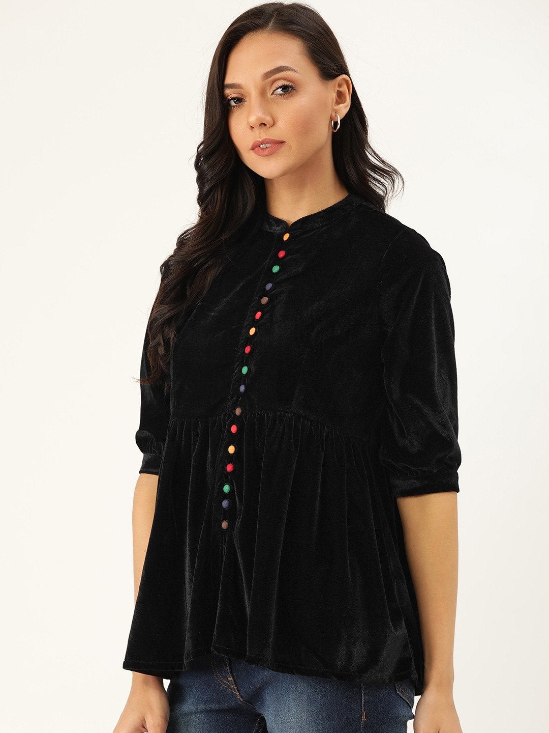 Women's Black Velvet Front Button Gathered Top - SASSAFRAS