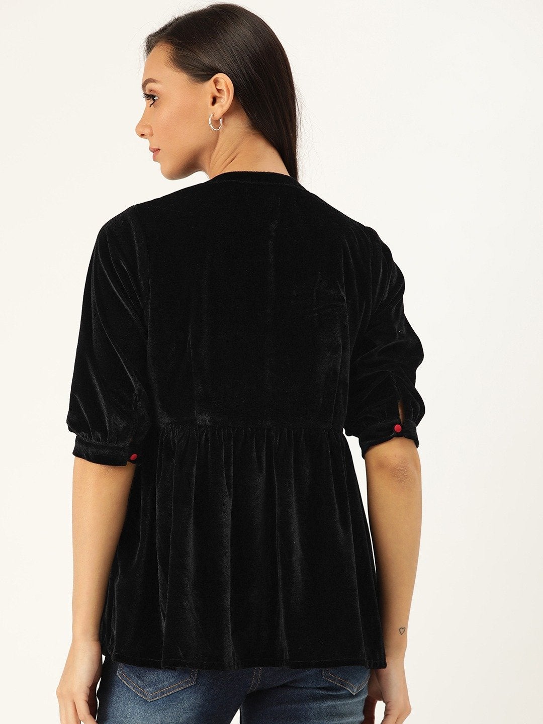 Women's Black Velvet Front Button Gathered Top - SASSAFRAS