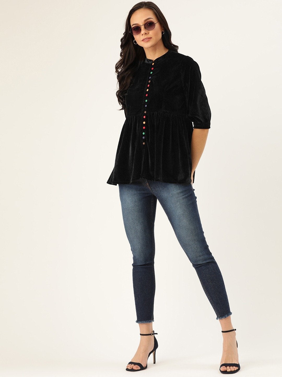 Women's Black Velvet Front Button Gathered Top - SASSAFRAS