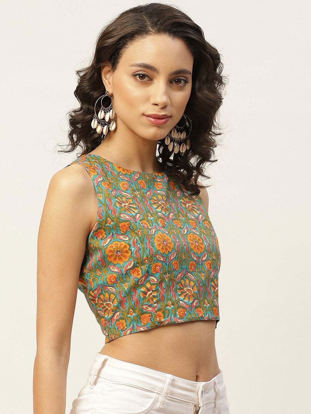 Women's Teal Floral Sleeveless Crop Top - SASSAFRAS