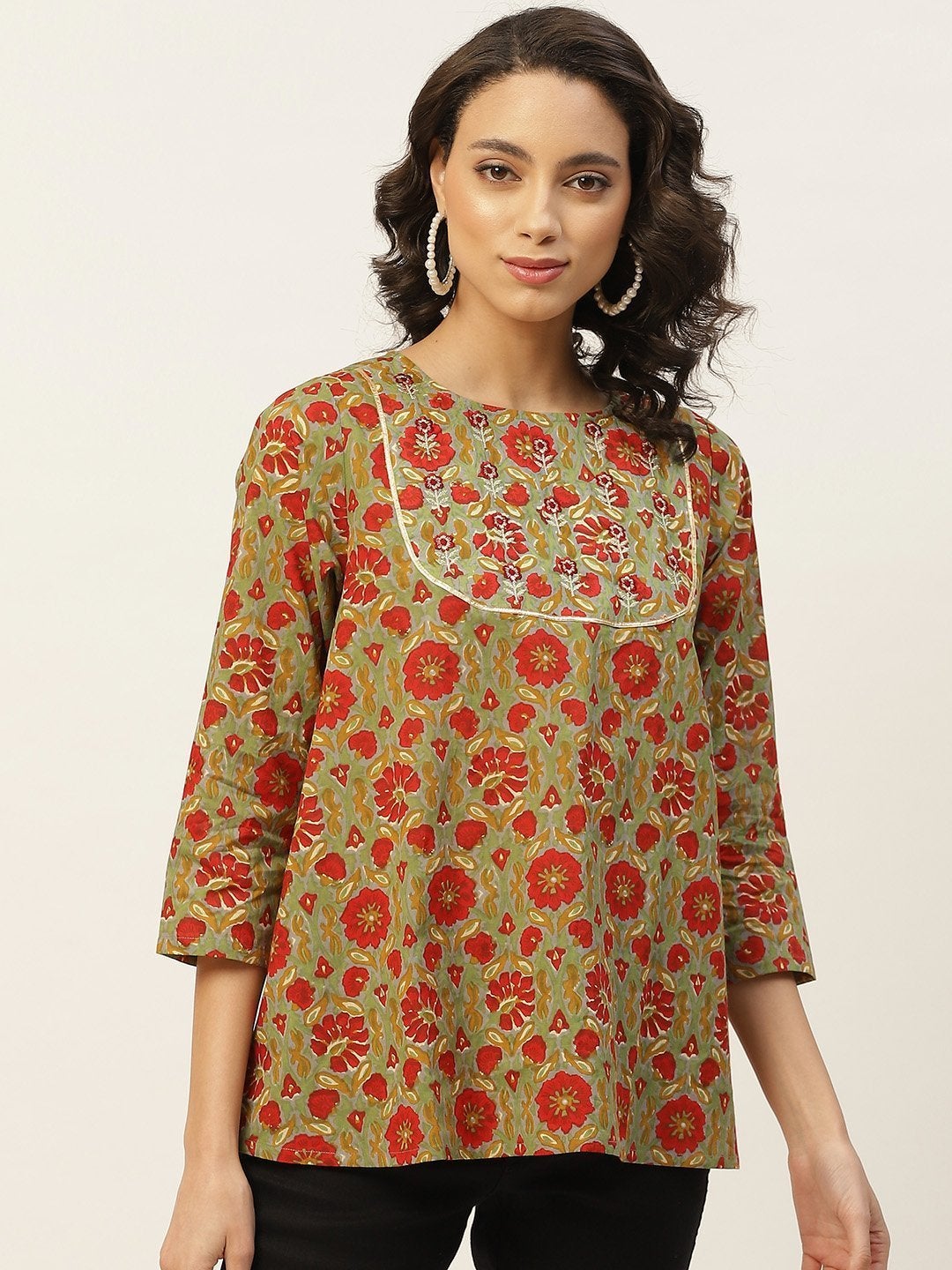 Women's Grey Floral Zari Embroidery A Line Top - SASSAFRAS