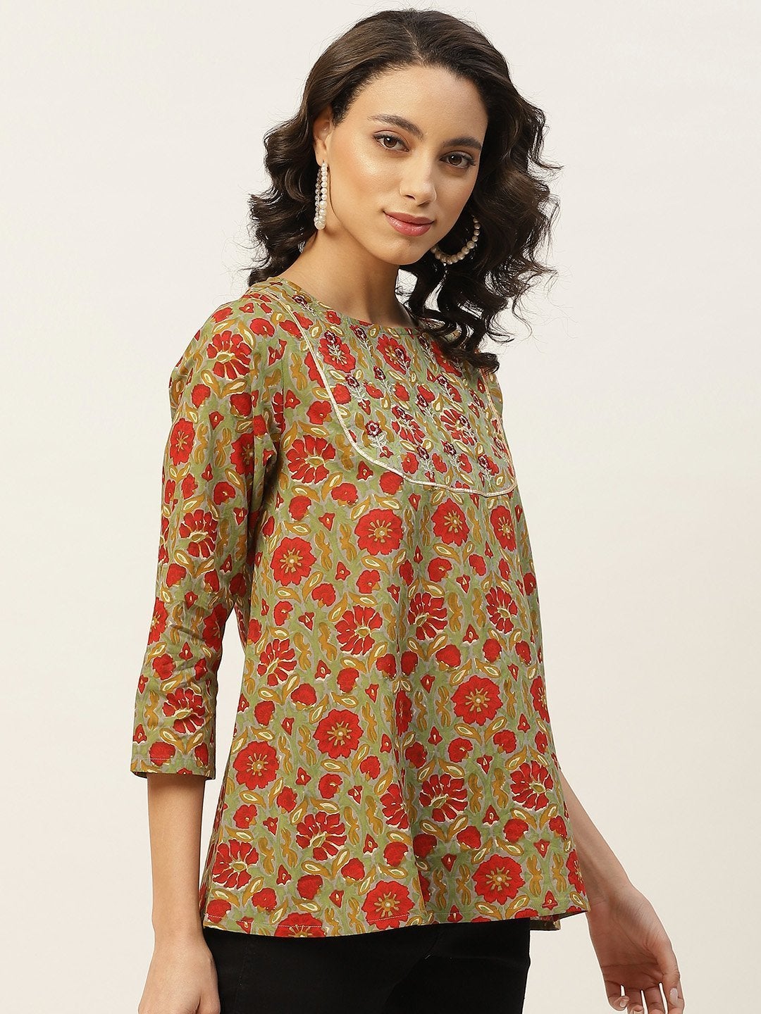 Women's Grey Floral Zari Embroidery A Line Top - SASSAFRAS