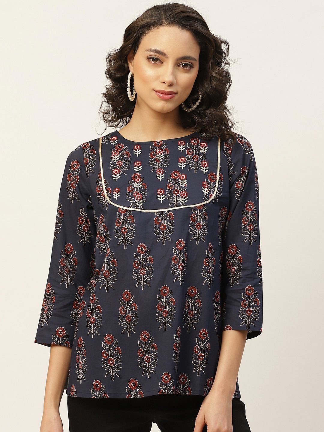 Women's Navy Floral Zari Embroidery A Line Top - SASSAFRAS