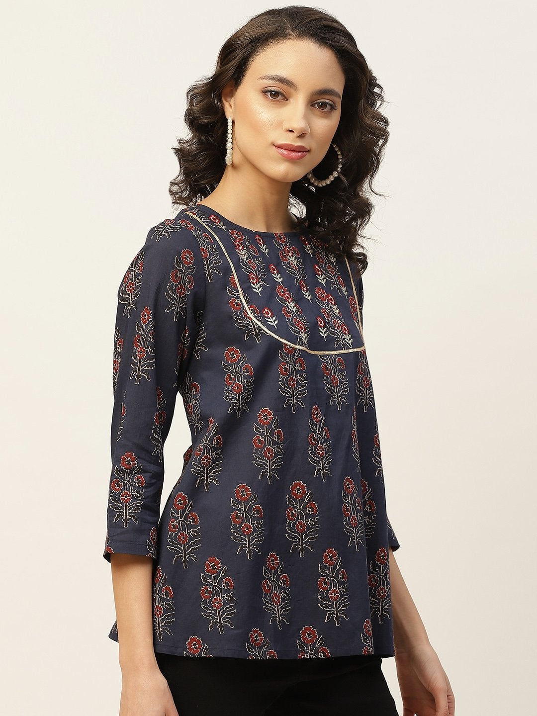 Women's Navy Floral Zari Embroidery A Line Top - SASSAFRAS