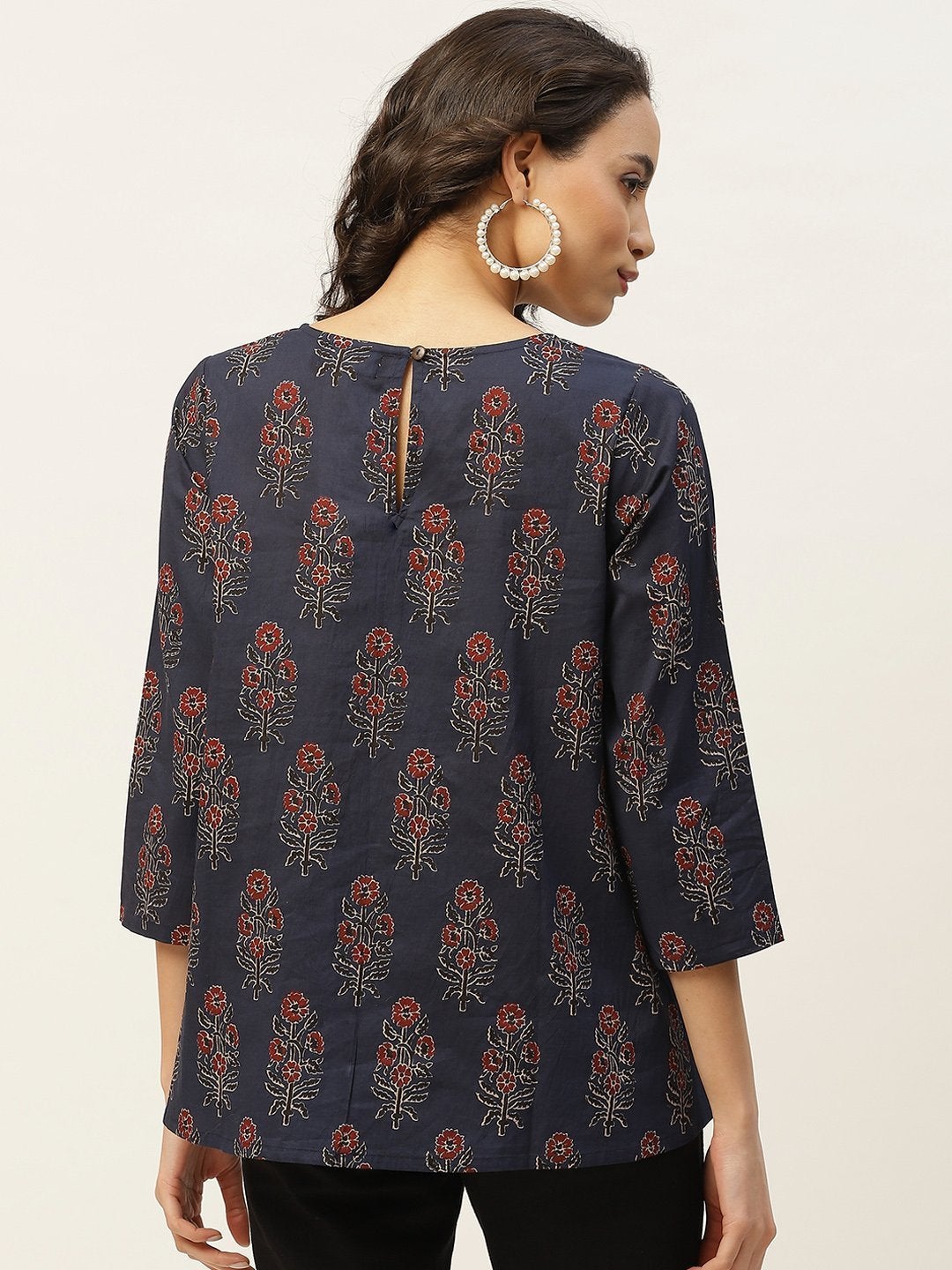 Women's Navy Floral Zari Embroidery A Line Top - SASSAFRAS