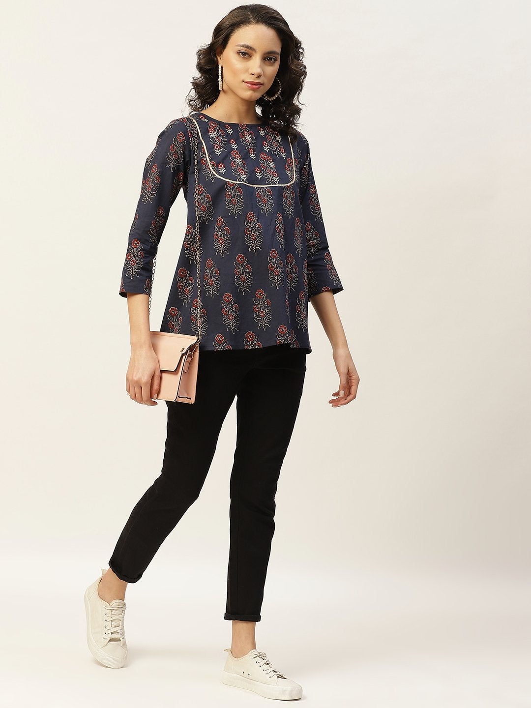 Women's Navy Floral Zari Embroidery A Line Top - SASSAFRAS