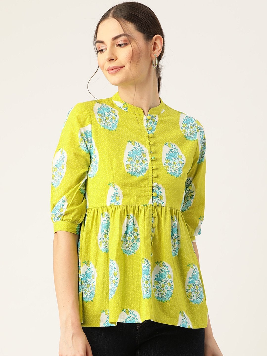 Women's Lime Green Bird Floral Top - SASSAFRAS