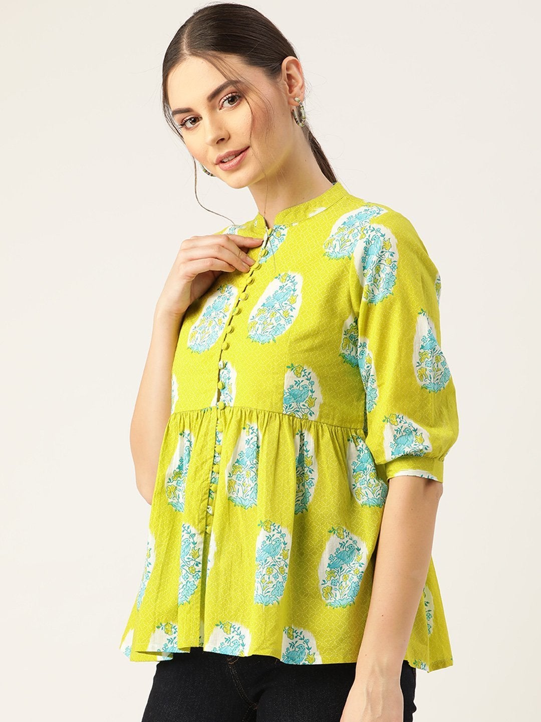 Women's Lime Green Bird Floral Top - SASSAFRAS