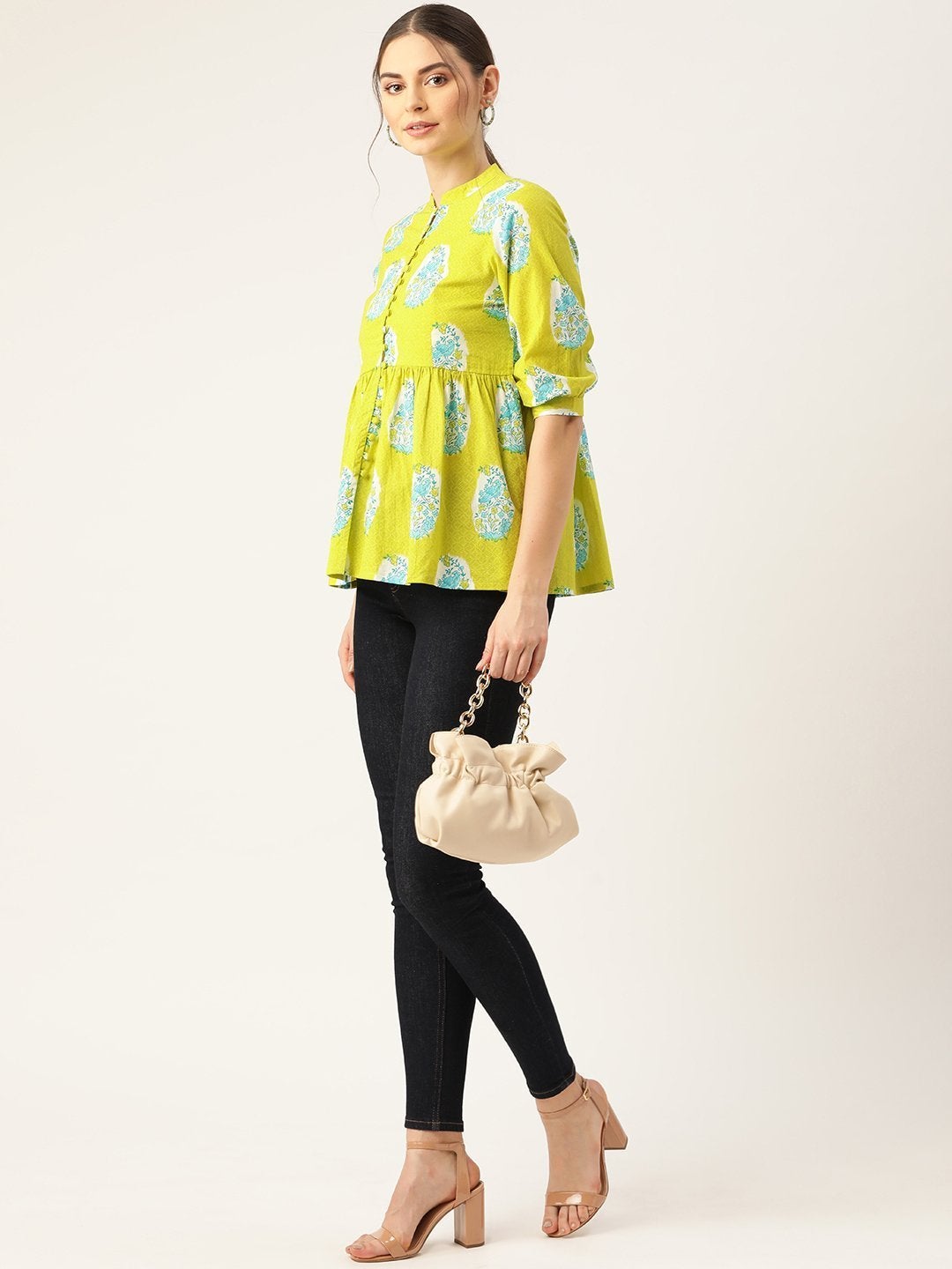 Women's Lime Green Bird Floral Top - SASSAFRAS