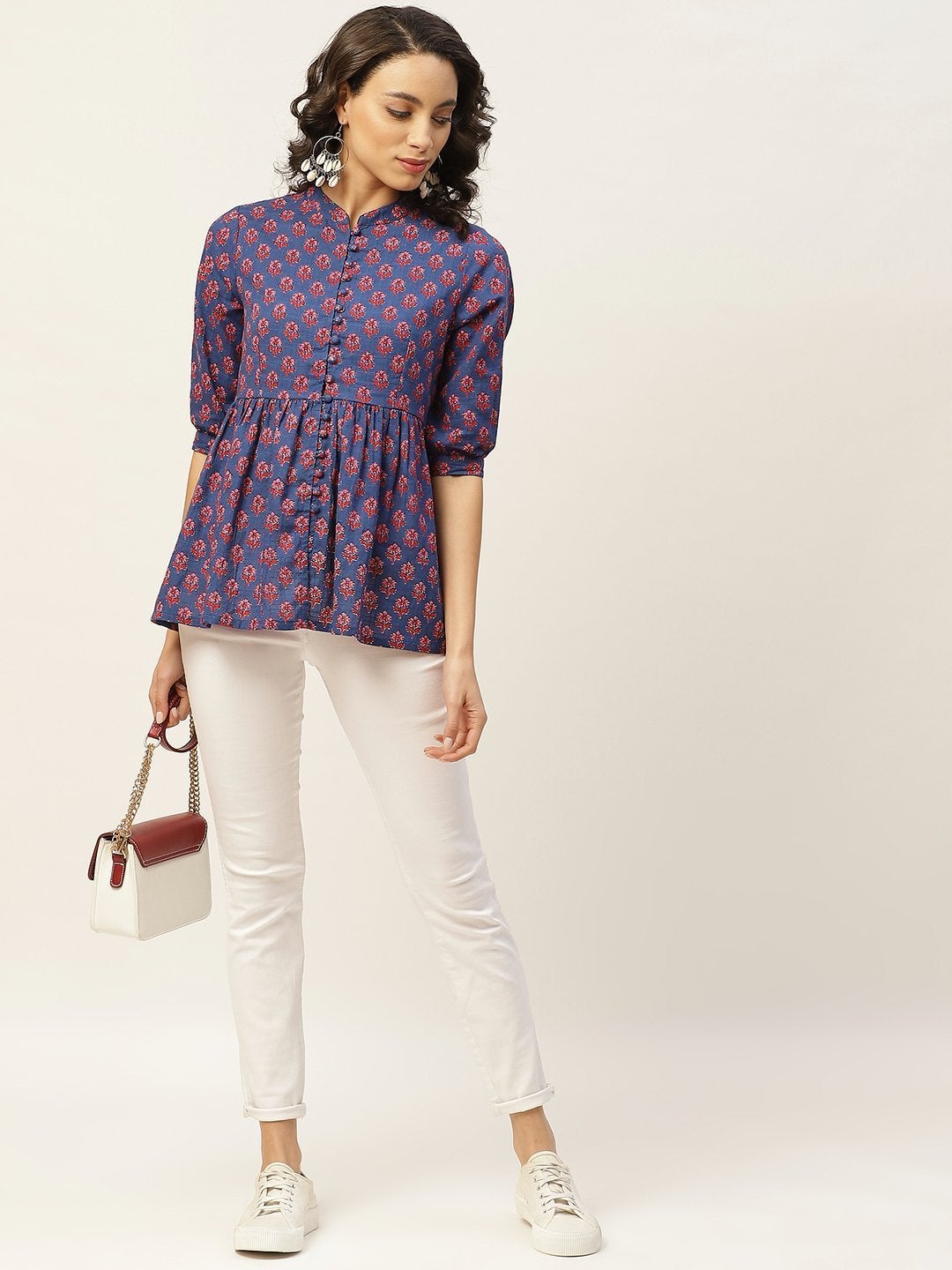 Women's Blue Floral Front Button Top - SASSAFRAS