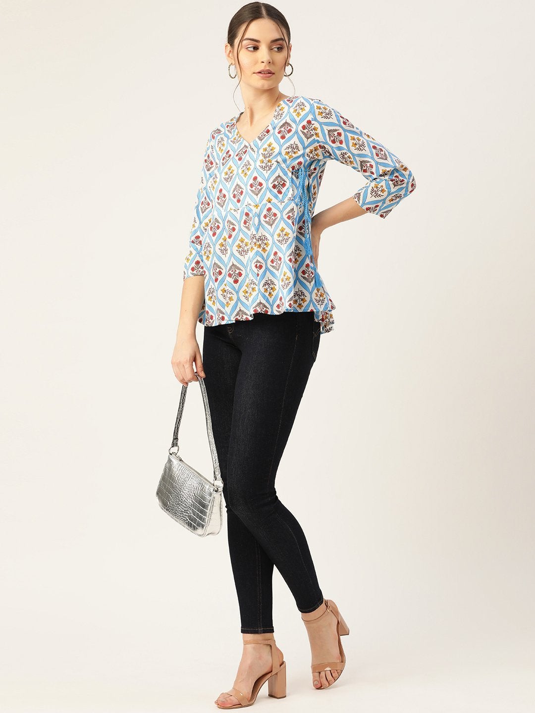 Women's Blue Floral Wrap Anarkali Top - SHAE