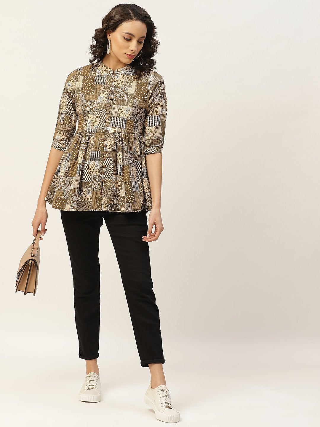 Women's Brown Floral Front Button Top - SASSAFRAS