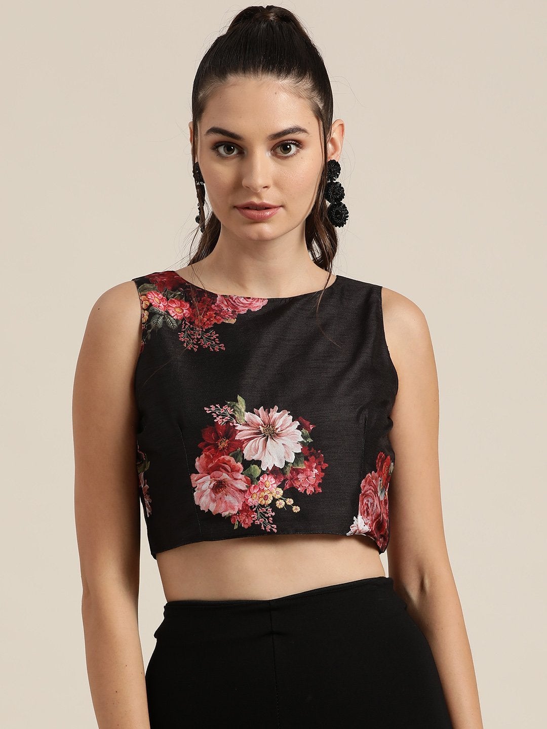 Women's Black Floral Sleeveless Crop Top