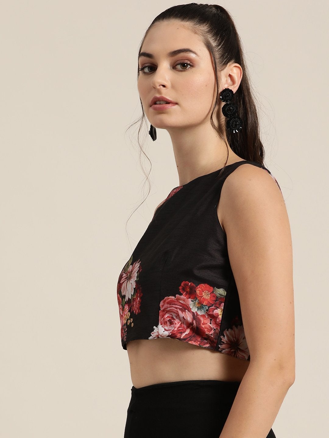 Women's Black Floral Sleeveless Crop Top