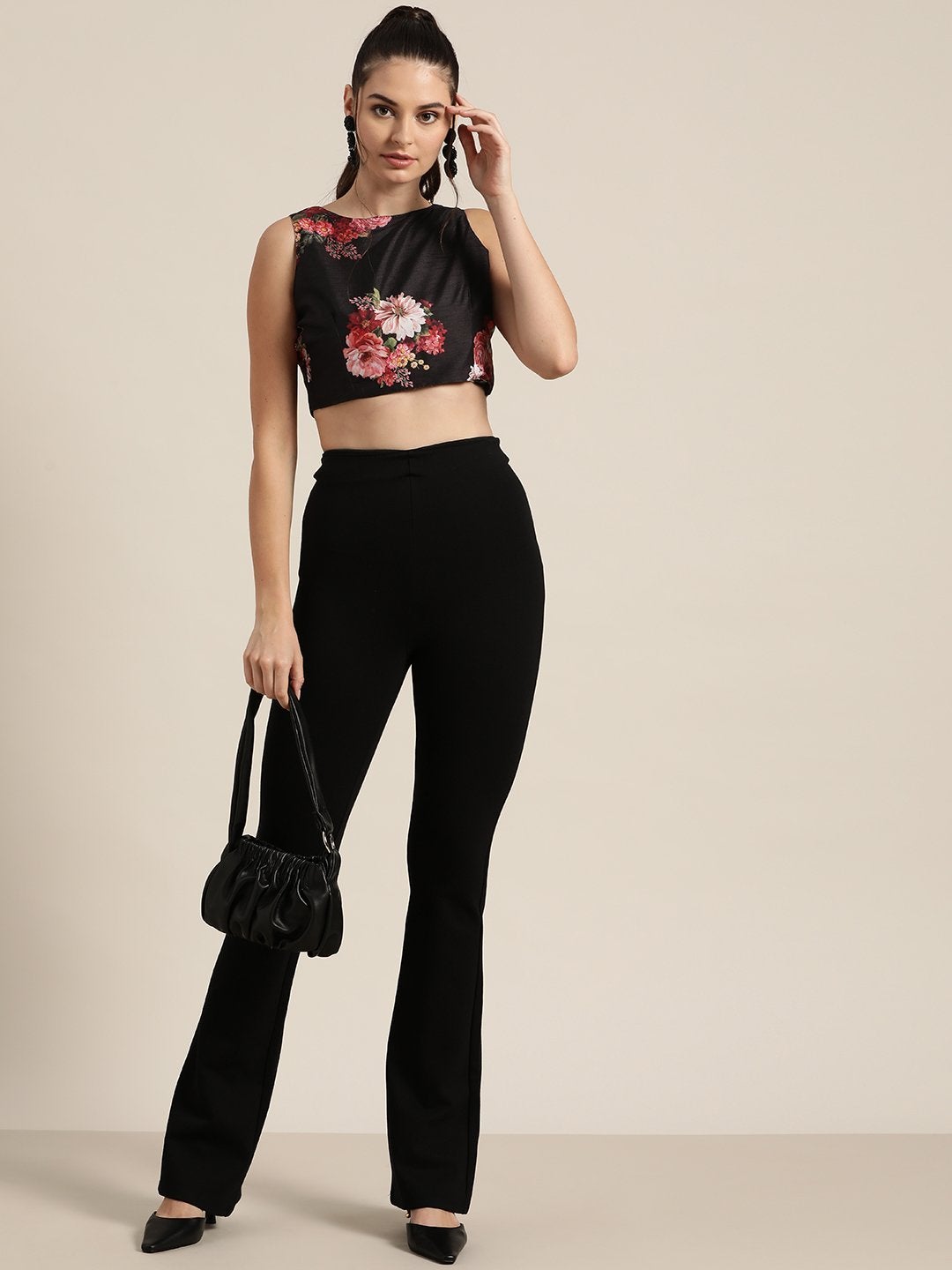 Women's Black Floral Sleeveless Crop Top