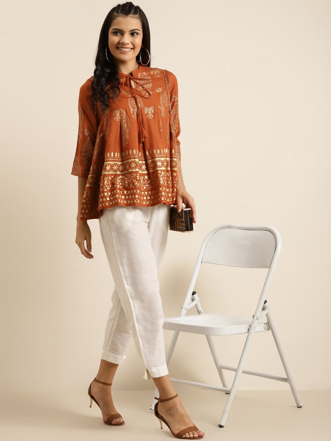 Women's Rust Paisely Foil Print Kali Top - SHAE