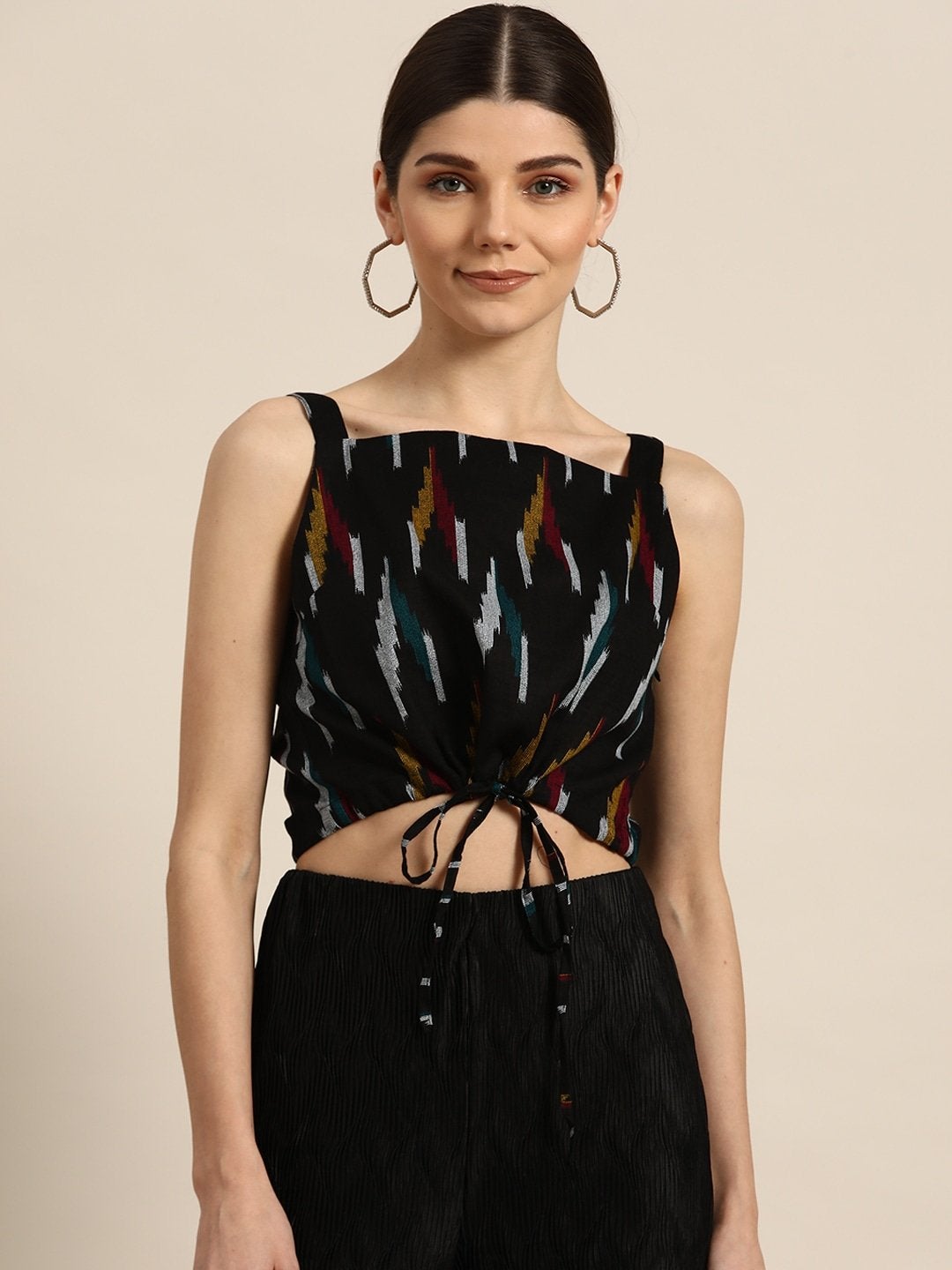Women's Black Ikat Strappy Crop Top
