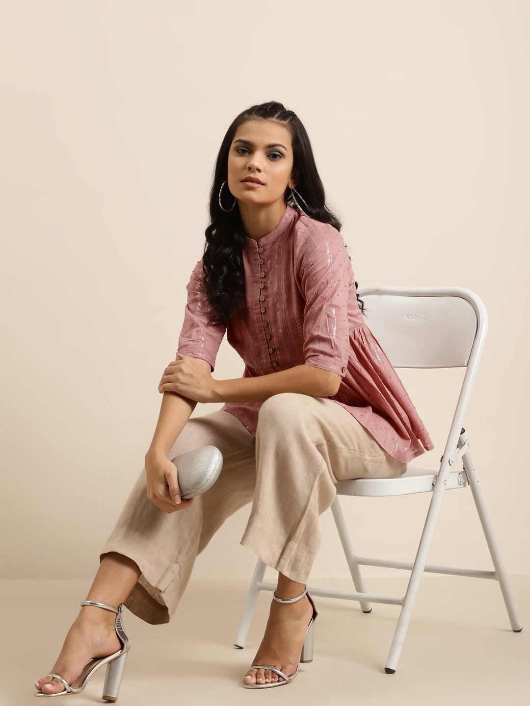 Women's Pink Front Button Gathered Top - SHAE