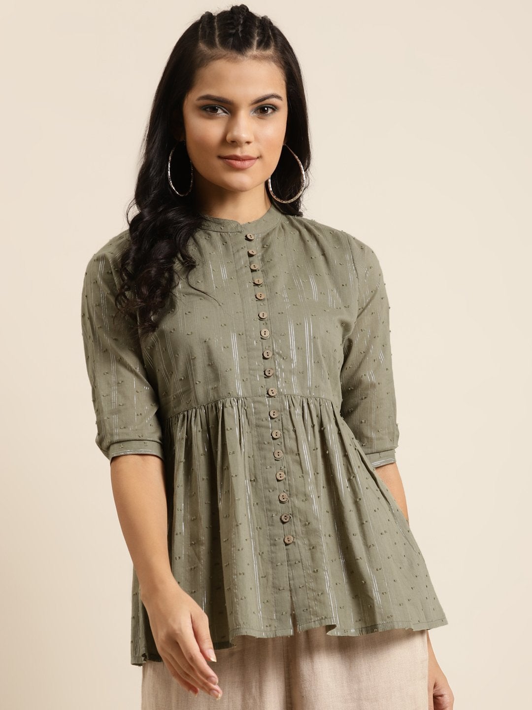 Women's Olive Front Button Gathered Top - SHAE