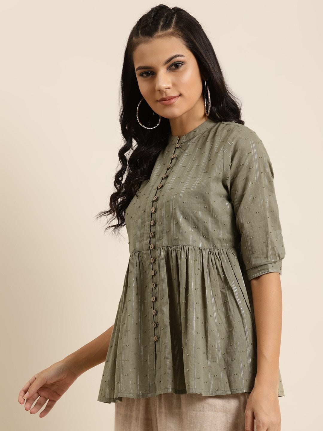 Women's Olive Front Button Gathered Top - SHAE