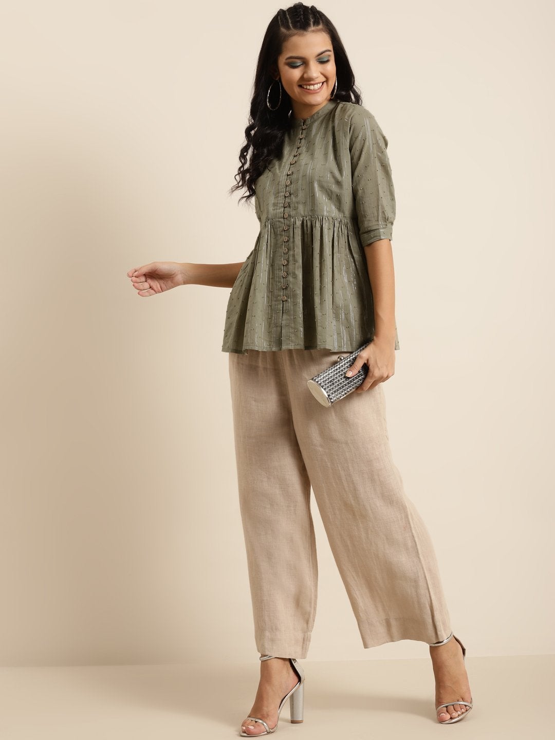 Women's Olive Front Button Gathered Top - SHAE