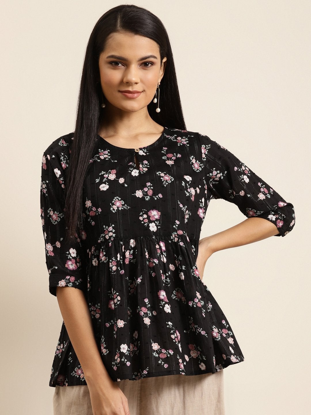 Women's Black Floral Front Keyhole Peplum Top