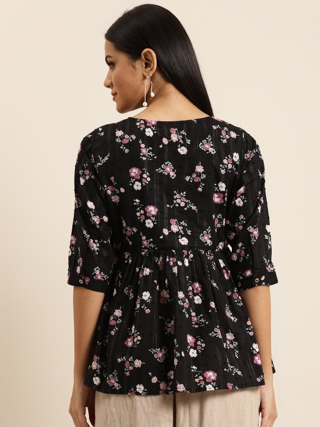 Women's Black Floral Front Keyhole Peplum Top