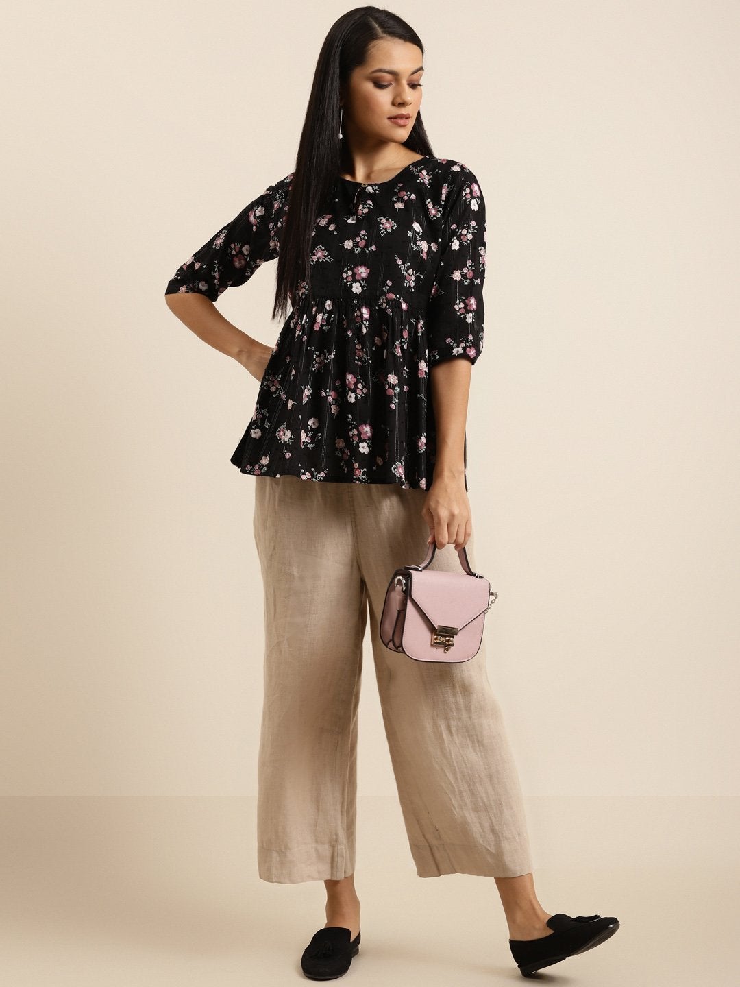 Women's Black Floral Front Keyhole Peplum Top