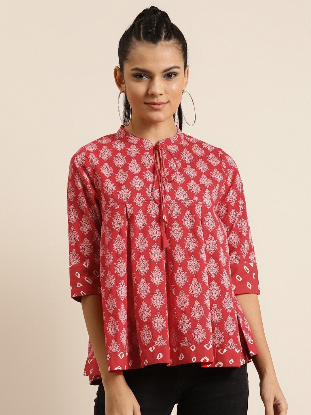 Women's Red Floral Box Pleat Top - SHAE