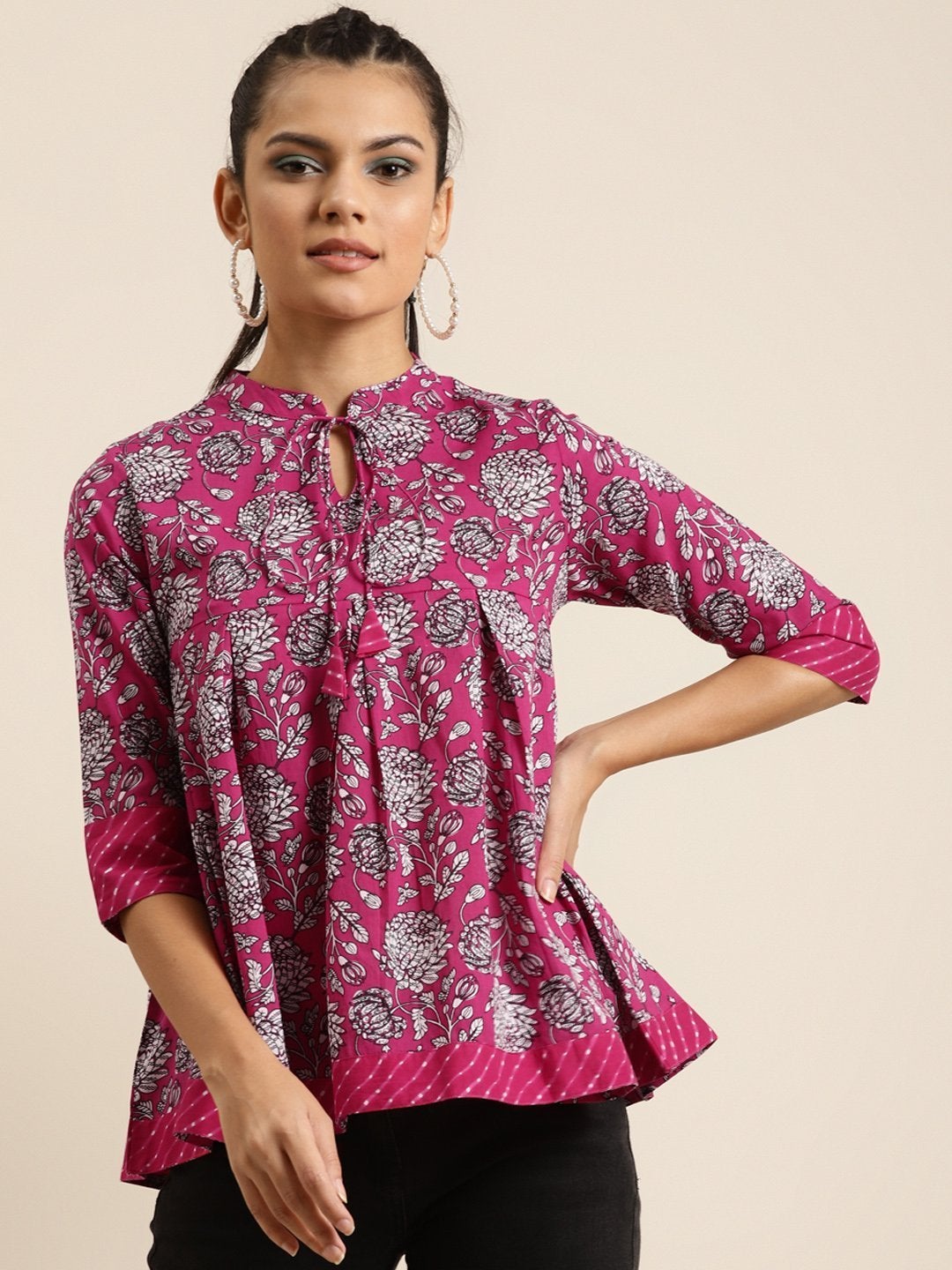 Women's Fuchsia Floral Box Pleat Top - SHAE