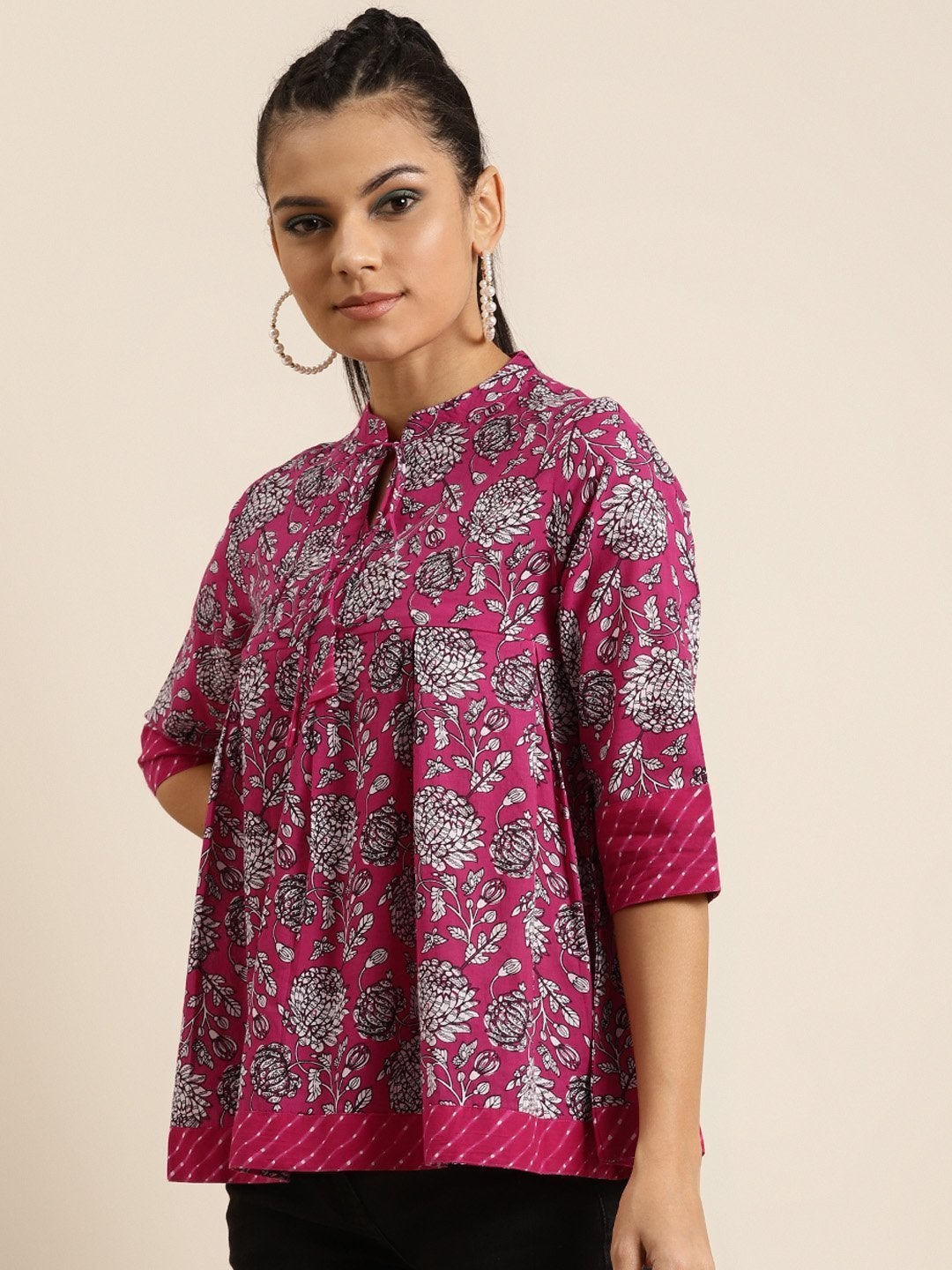 Women's Fuchsia Floral Box Pleat Top - SHAE