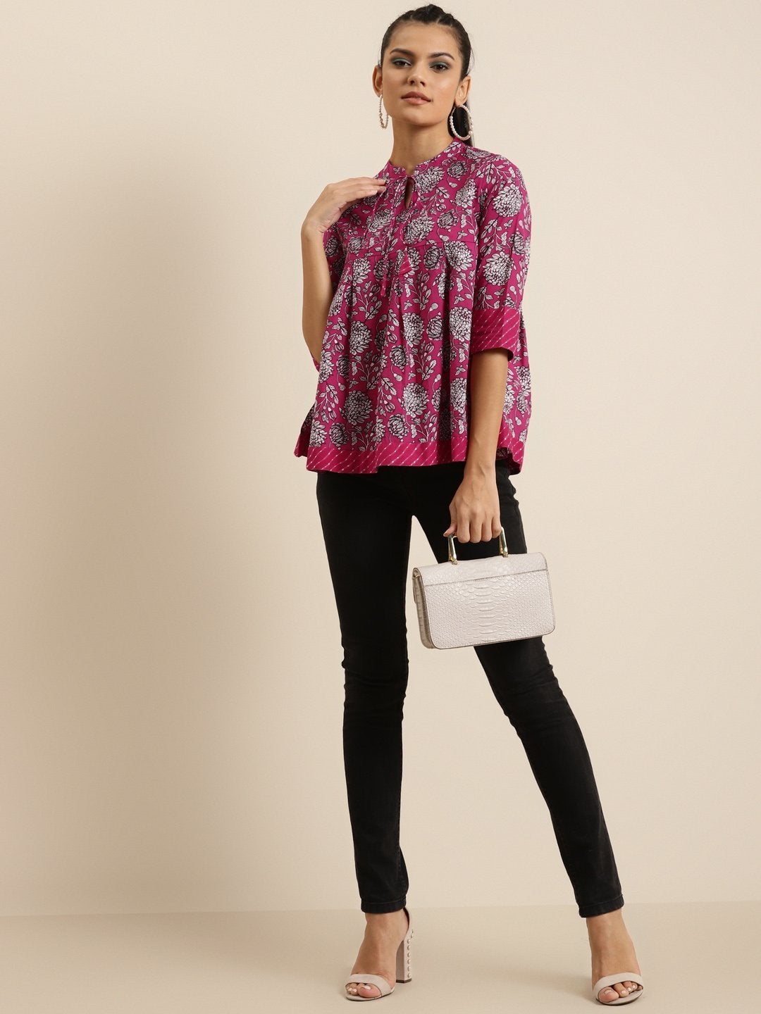 Women's Fuchsia Floral Box Pleat Top - SHAE