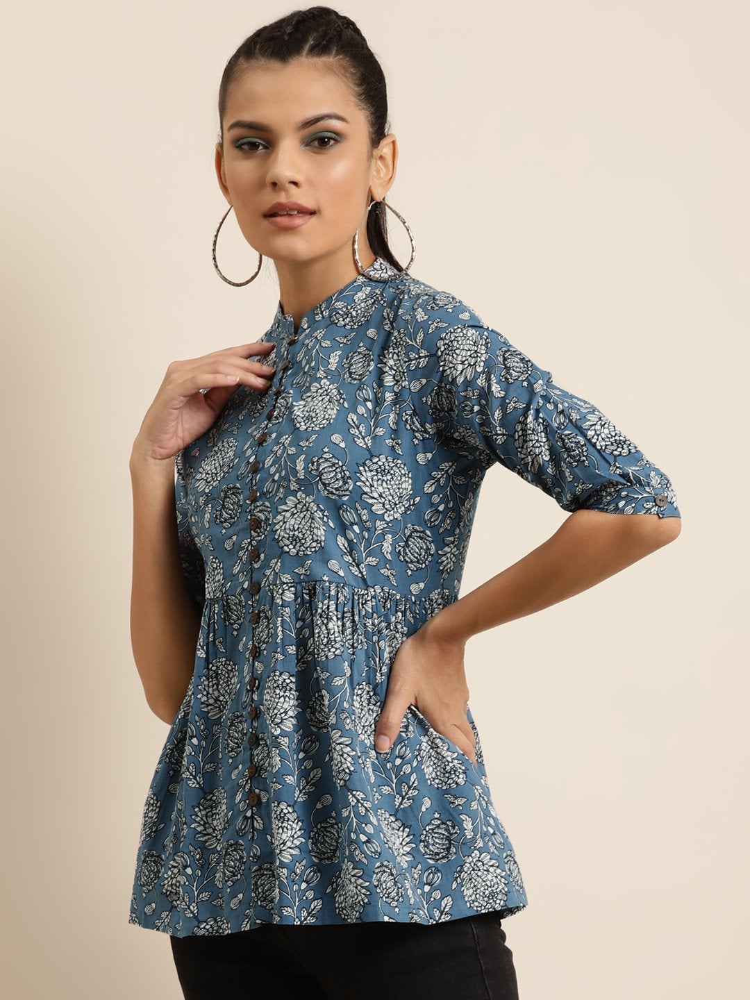 Women's Blue Floral Front Button Gathered Top - SHAE