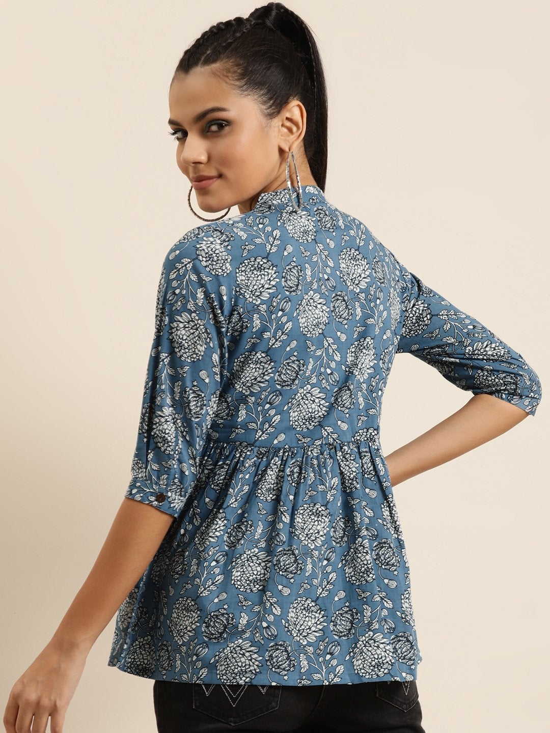 Women's Blue Floral Front Button Gathered Top - SHAE