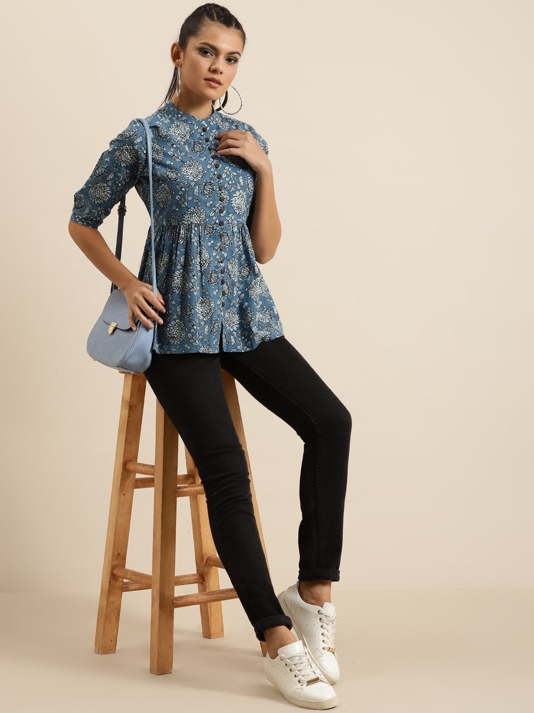 Women's Blue Floral Front Button Gathered Top - SHAE