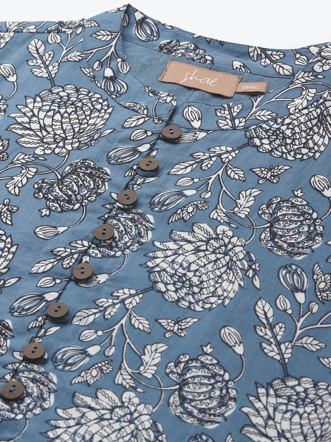Women's Blue Floral Front Button Gathered Top - SHAE
