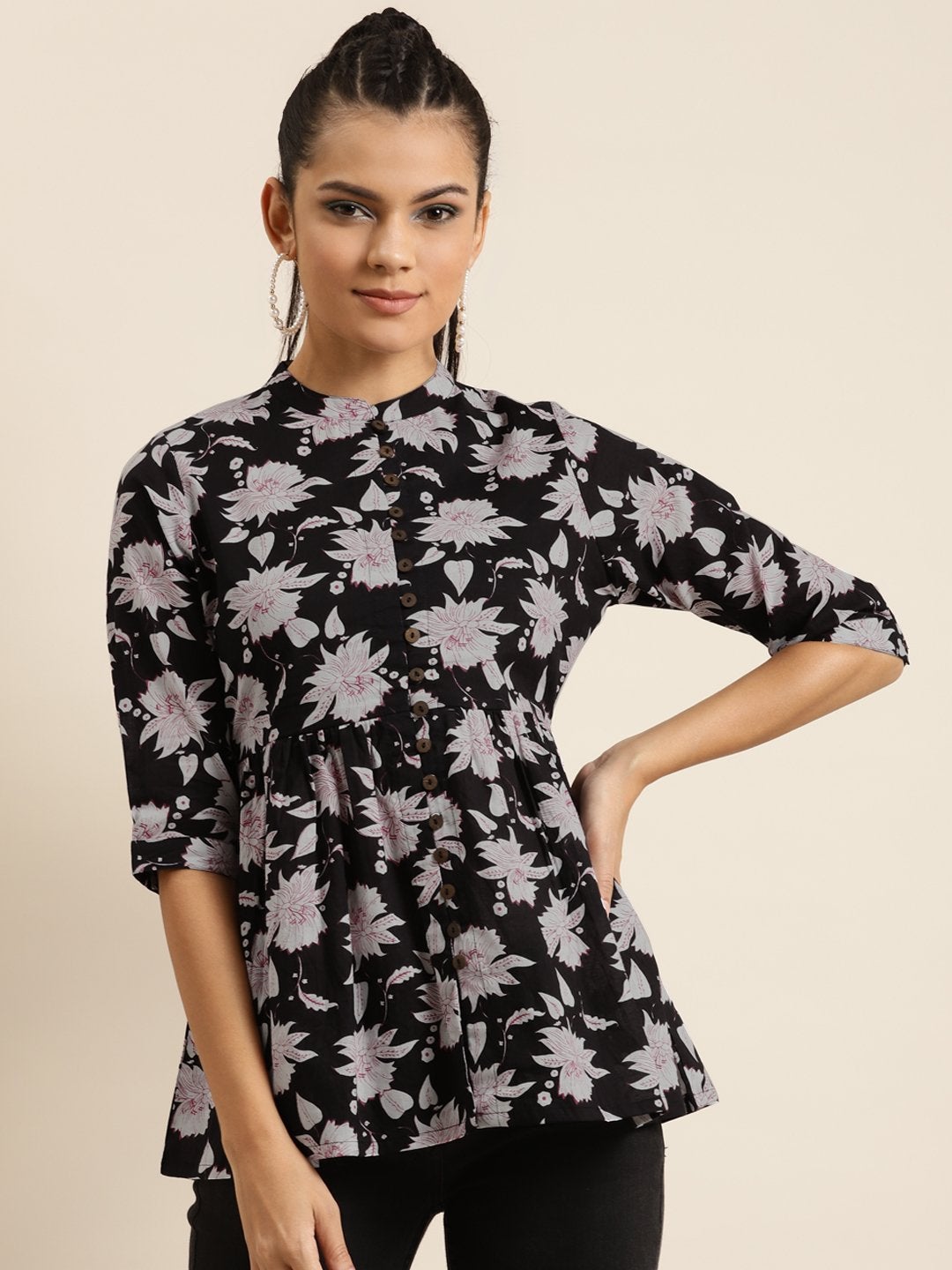 Women's Black Floral Front Button Gathered Top