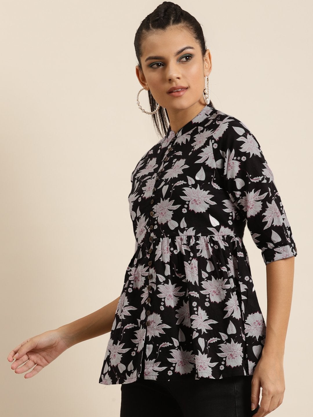 Women's Black Floral Front Button Gathered Top