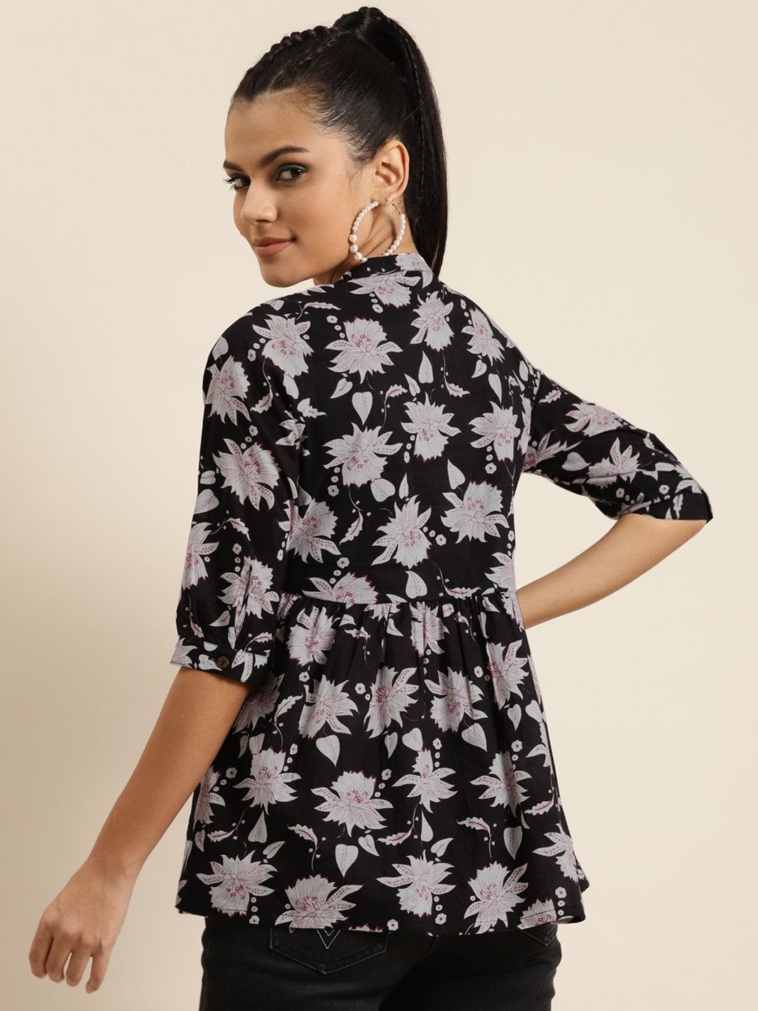 Women's Black Floral Front Button Gathered Top