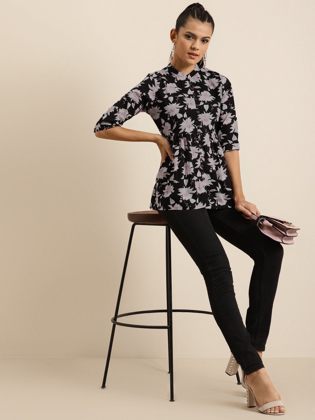 Women's Black Floral Front Button Gathered Top