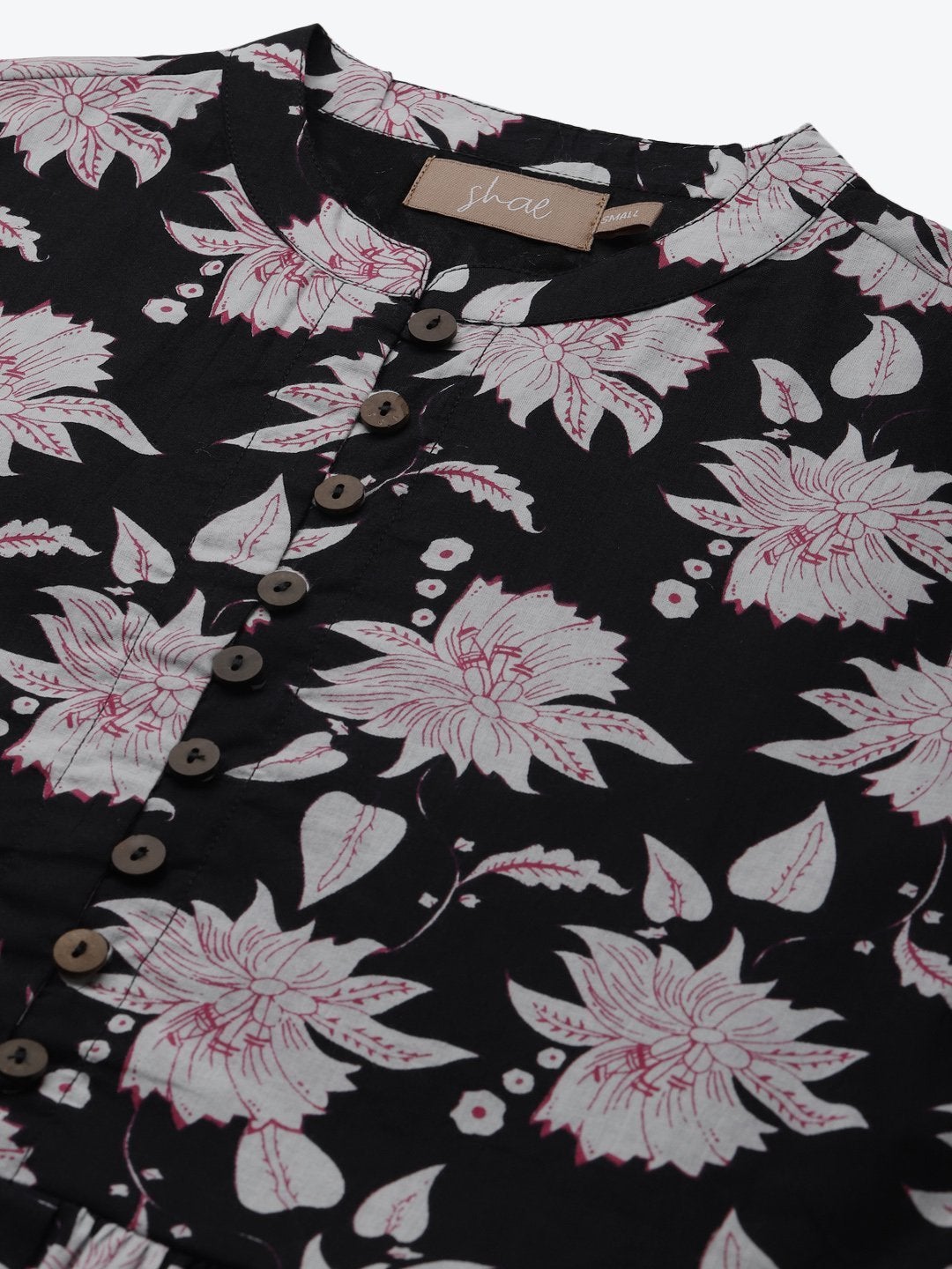Women's Black Floral Front Button Gathered Top
